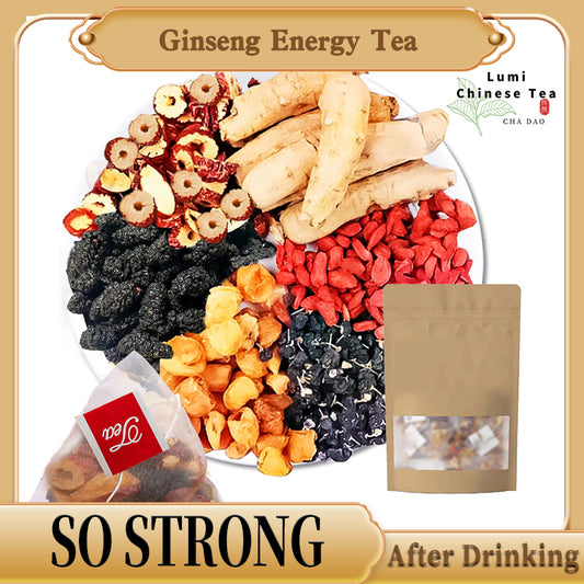 “ginseng tea”“ ginseng tea benefits”“ what is ginseng tea good for” “energy tea”  “tea that gives you energy ”“energy boosting tea ”“tea for stress relief”“ high antioxidant foods” “Anti-fatigue boost”“ energy drink”“how to improve energy” “foods that support kidney health” “ Lower back pain relief”“Joint pain relief”“ Herbal teas”
“Traditional Chinese medicine ””Traditional Chinese Formulation”“Not suitable for: Pregnant women” “herbal blend””Goji Berry””mulberries”